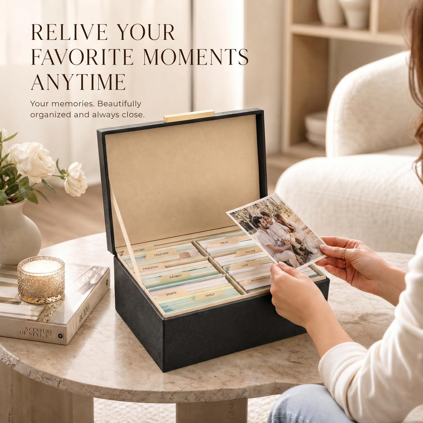 ZICOTO Decorative Photo Storage Box - Sturdy Linen Photo Organizer with Dividers is Perfect to Store Up to 1200 Pictures and 4x6 Photos - Portable Scrapbook Storage Containers with Lid