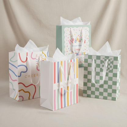 Beautiful Gift Bags Set of 4 - Medium Sized 9" Bags with Handles incl. Matching Tissue Paper, Cards & Small Stickers - Reusable & For Presents of Any Birthday, Weddings, Mothers Day & Other Occasion