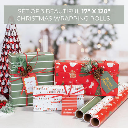 Beautiful Christmas Gift Wrapping Paper Rolls For Small & Medium Size Gifts - Set of 3 Quality Paper Rolls With Cute Designs - Add a Touch of Magic to Every Gift You Wrap - 17 in x 120 in Per Roll