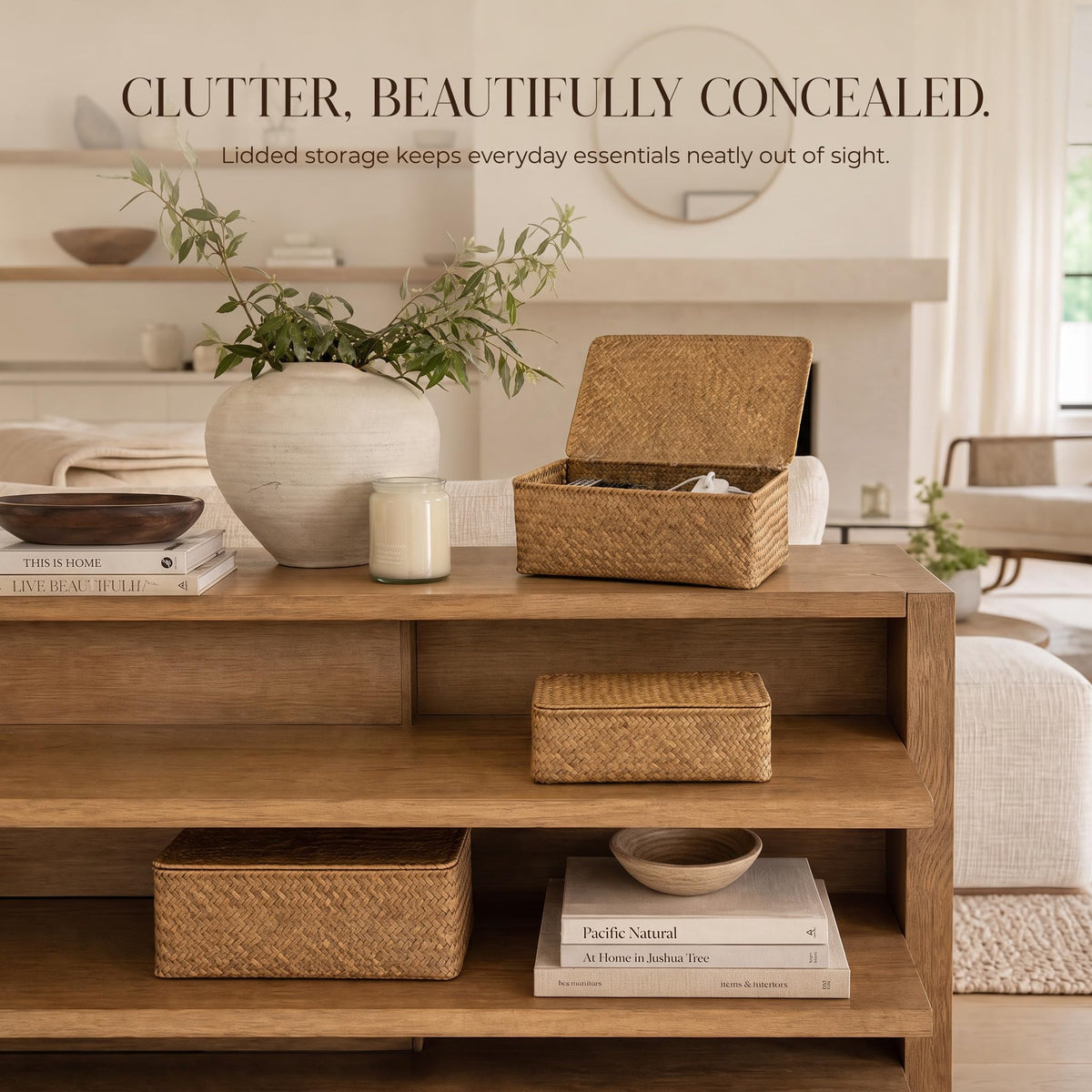 Decorative Wicker Storage Boxes with Lids - Set of 3 Seagrass Organizers