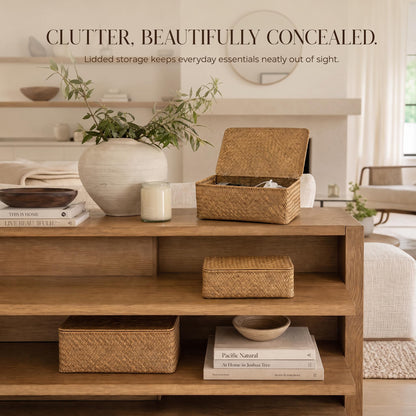 Decorative Wicker Storage Boxes with Lids - Set of 3 Seagrass Organizers