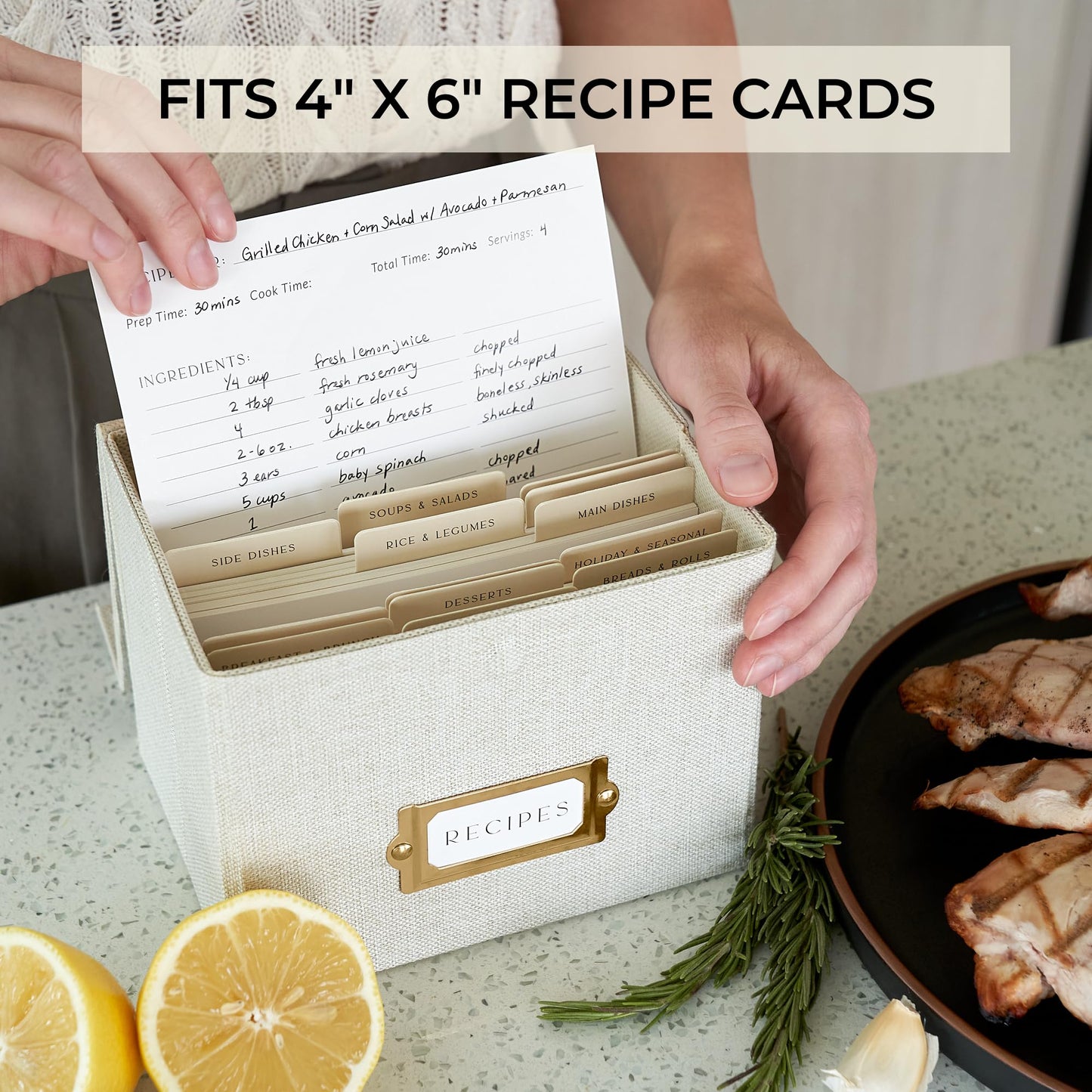Beautiful Linen Recipe Box Set - Incl. 50x 4x6 inch Recipe Cards and Matching Dividers to Easily Organize Up to 250 Recipes - A Sturdy Card Holder And Great Gift that Perfectly Fits into Any Kitchen
