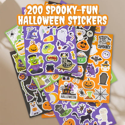 Fun Halloween Stickers for Kids - Large Set of 200 Spooky Stickers for Halloween Party Favors, Classroom Decor, Gifts, Treats, Crafts and Toys - Fun Bulk Stickers for Trick-or-Treat Bags and Baskets
