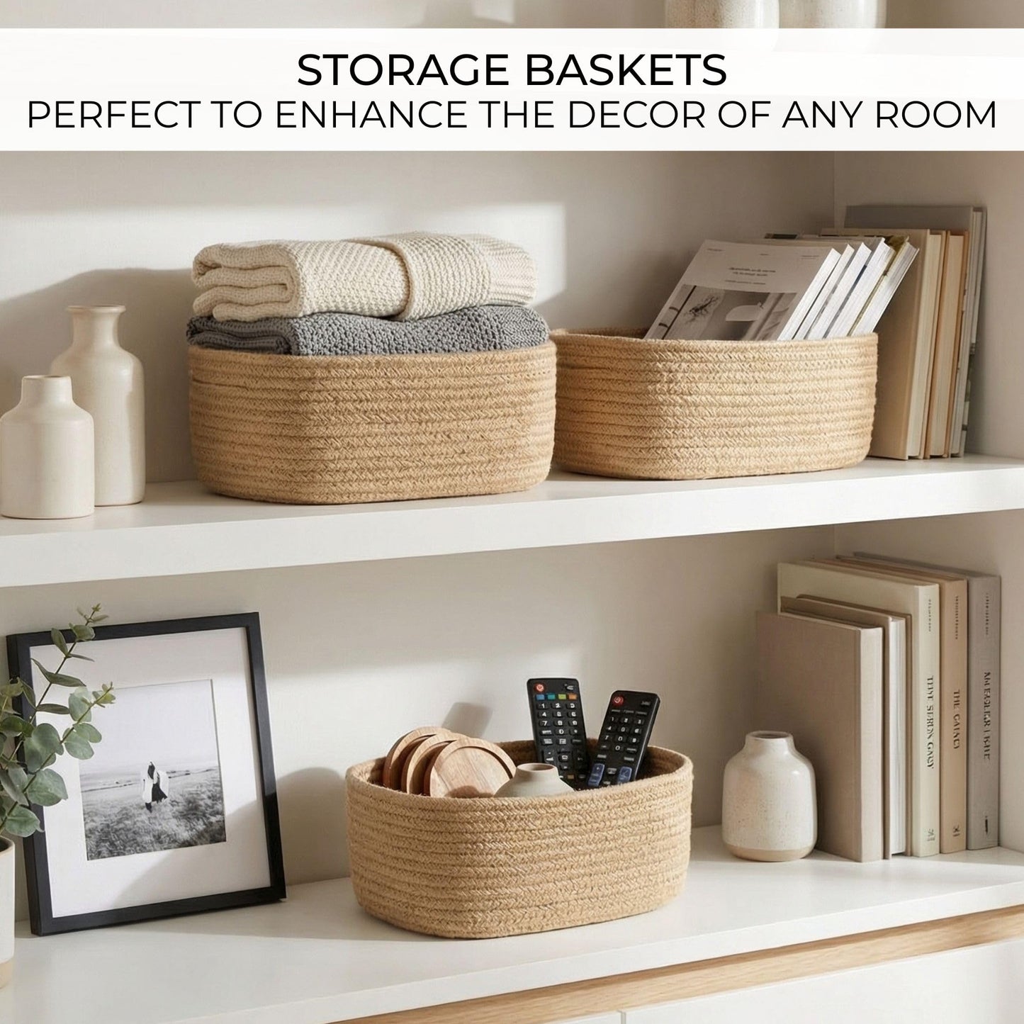 Beautiful Storage Basket Set of 3 - Sturdy Cotton Rope Baskets for Shelves Are Perfect for Organizing Your Home - Quality Storage Bins Easily Fit With Any Nursery or Bedroom Decor