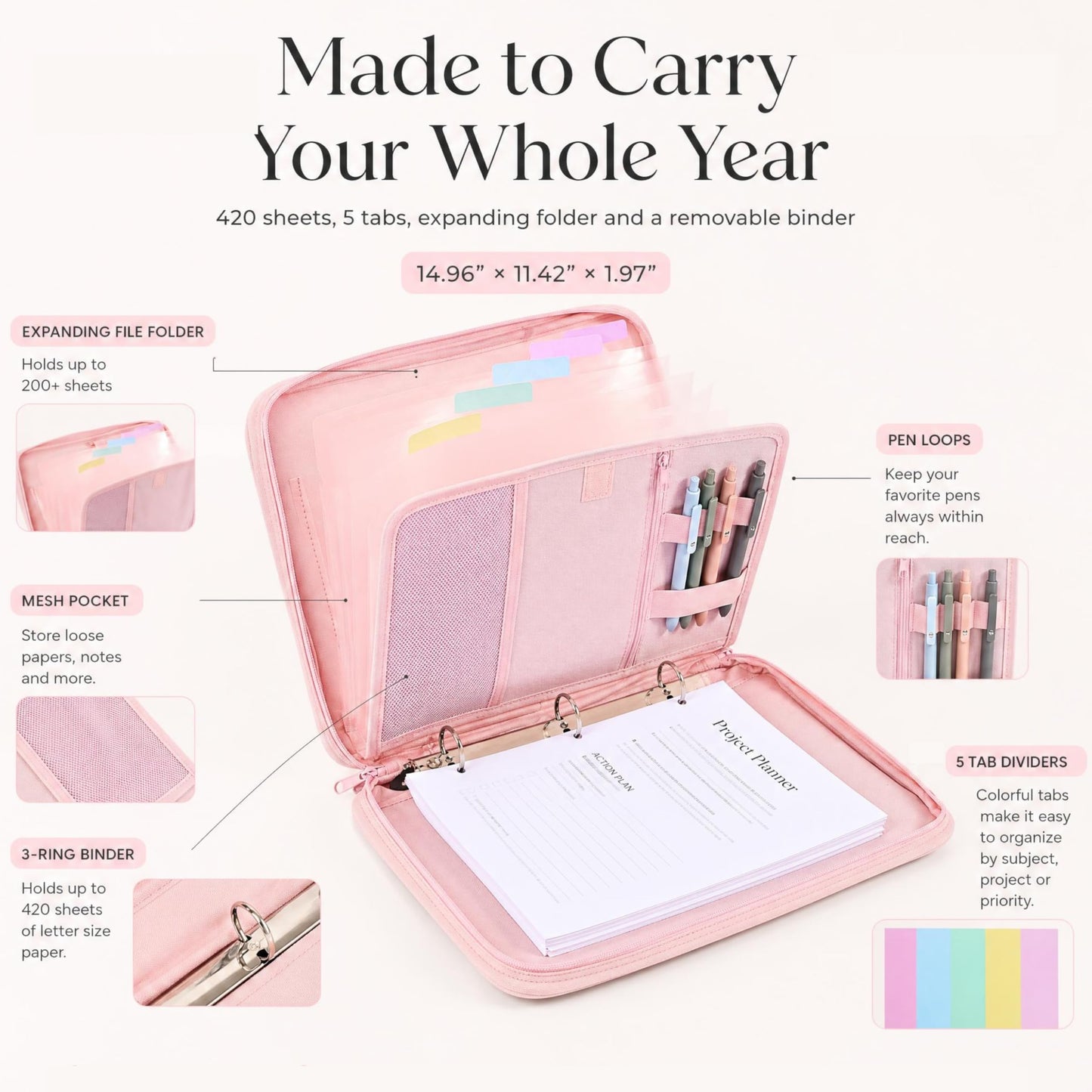 Sturdy 3 Ring Zipper Binder with Strap for School - Beautiful 1 Inch Zip Up Binder with 5-Tab Dividers Holds 420 Sheets, Books & Laptop - Easy to Carry Trapper Keeper Made of Premium Fabrics