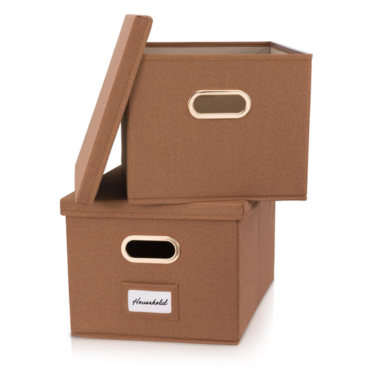 ZICOTO Decorative File Organizer Box Set of 2 - Collapsible Linen Filing Cabinets w/Handles Are Perfect to Store all Your Documents & Hanging File Folders - Portable Easy Slide Crates with Lid