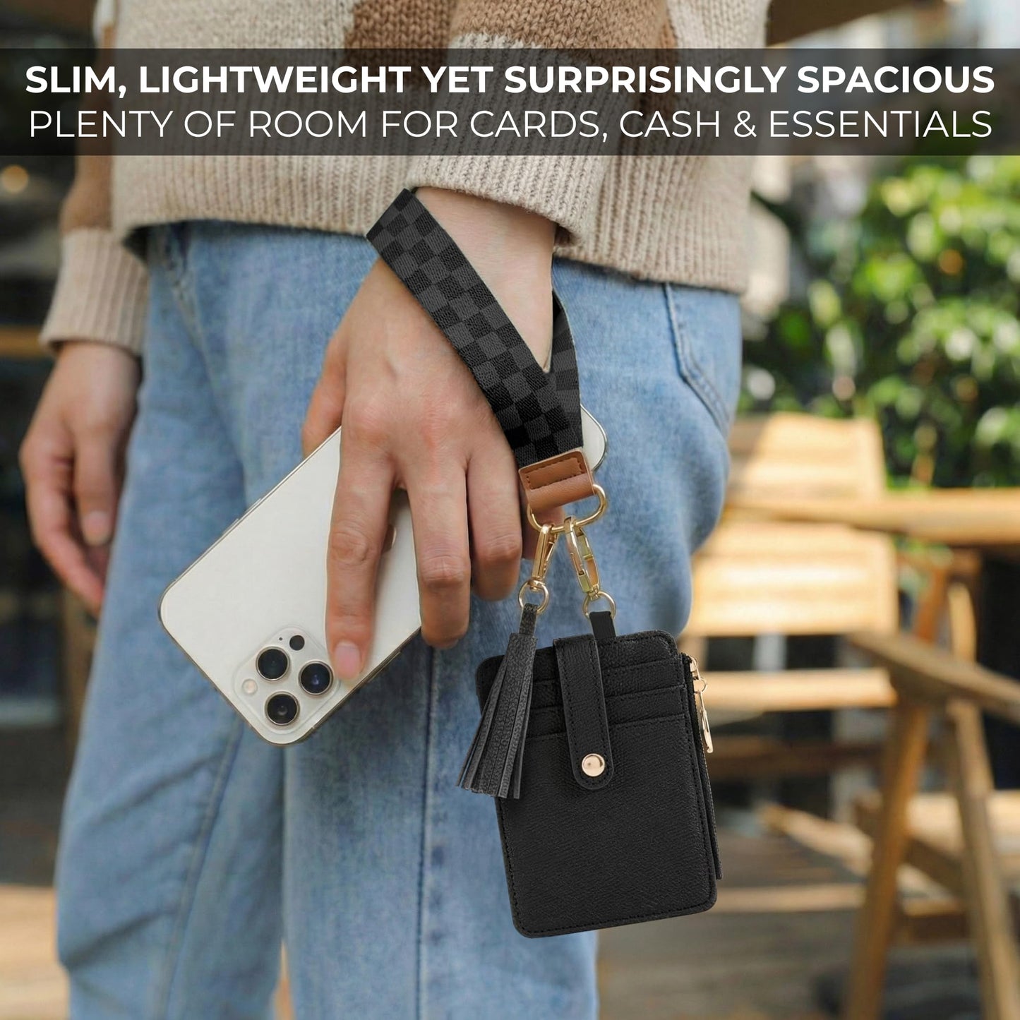 Stylish Wristlet Wallet for Women - Slim Design Credit Card Holder w/ Plenty of Storage incl. Clear ID Window & Zipper Pocket - Easy Carry RFID Blocking Keychain Wallet w/ Tassel, Lanyard & Gold Rings
