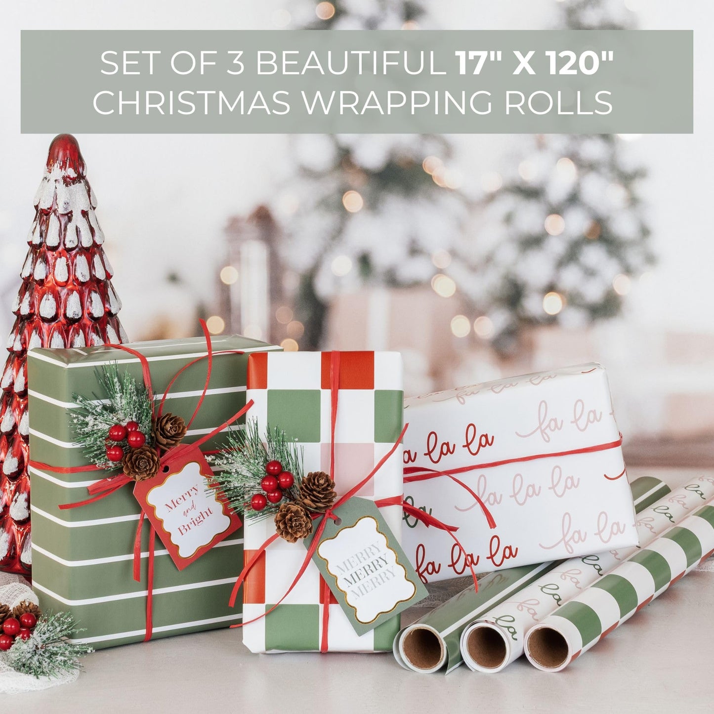 Beautiful Christmas Gift Wrapping Paper Rolls For Small & Medium Size Gifts - Set of 3 Quality Paper Rolls With Cute Designs - Add a Touch of Magic to Every Gift You Wrap - 17 in x 120 in Per Roll