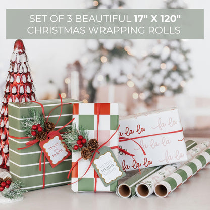 Beautiful Christmas Gift Wrapping Paper Rolls For Small & Medium Size Gifts - Set of 3 Quality Paper Rolls With Cute Designs - Add a Touch of Magic to Every Gift You Wrap - 17 in x 120 in Per Roll