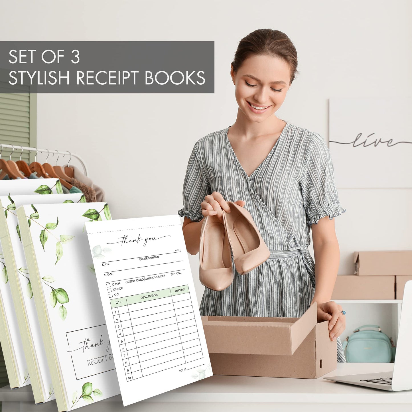 Beautiful Greenery Thank You Receipt Book Set of 3 for Small Businesses - Aesthetic and Easy to Use Receipt Pad - The Perfect Business Supplies That Helps You and Your Happy Clients to Stay Organized