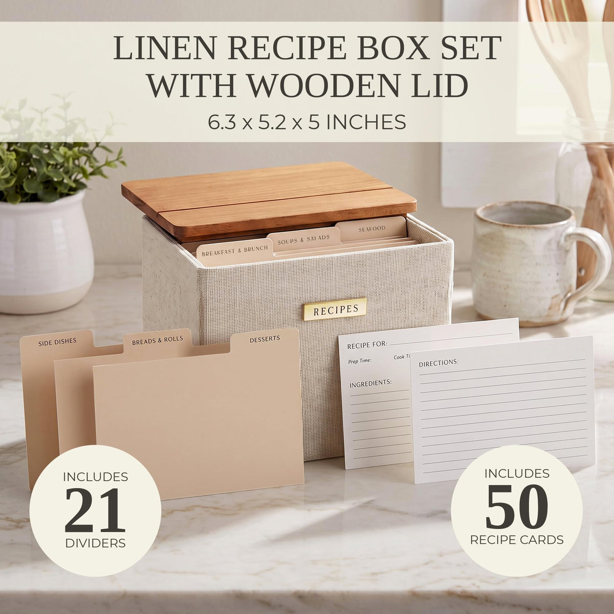 Beautiful Recipe Box with Wooden Lid - Incl. 50x 4x6" Recipe Cards and Matching Dividers to Easily Organize Up to 250 Recipes - A Sturdy Card Holder And Great Gift that Perfectly Fits into Any Kitchen