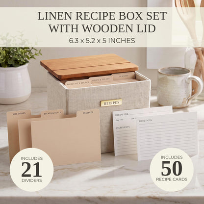 Beautiful Recipe Box with Wooden Lid - Incl. 50x 4x6" Recipe Cards and Matching Dividers to Easily Organize Up to 250 Recipes - A Sturdy Card Holder And Great Gift that Perfectly Fits into Any Kitchen