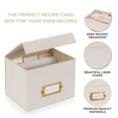 ZICOTO Beautiful Linen Recipe Box - Fits 4x6 inch Recipe Cards to Organize Up to 250 Recipes - Sturdy Card Holder and Great Gift for Any Kitchen - Cards Not Incl.