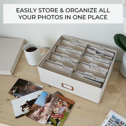 Decorative Photo Storage Box - Sturdy Linen Photo Organizer with Dividers - Stores Up to 850 4x6 Photos - Portable Scrapbook Storage Container with Lid