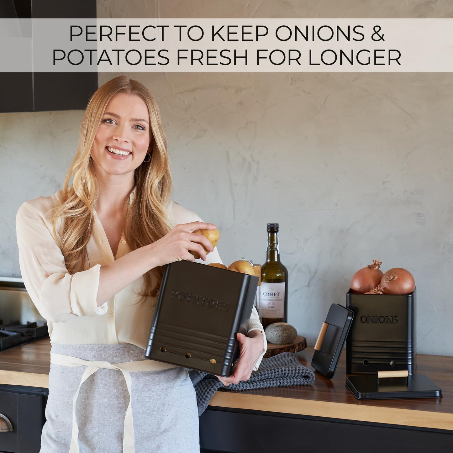 Beautiful Potato and Onion Storage Container Set - Perfectly Sized Spacious Canisters For Your Kitchen Counter Or Pantry - Quality Food Safe Metal Bins Keep Your Produce/Vegetables Fresh Longer