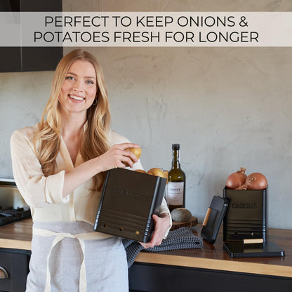 Beautiful Potato and Onion Storage Container Set - Perfectly Sized Spacious Canisters For Your Kitchen Counter Or Pantry - Quality Food Safe Metal Bins Keep Your Produce/Vegetables Fresh Longer