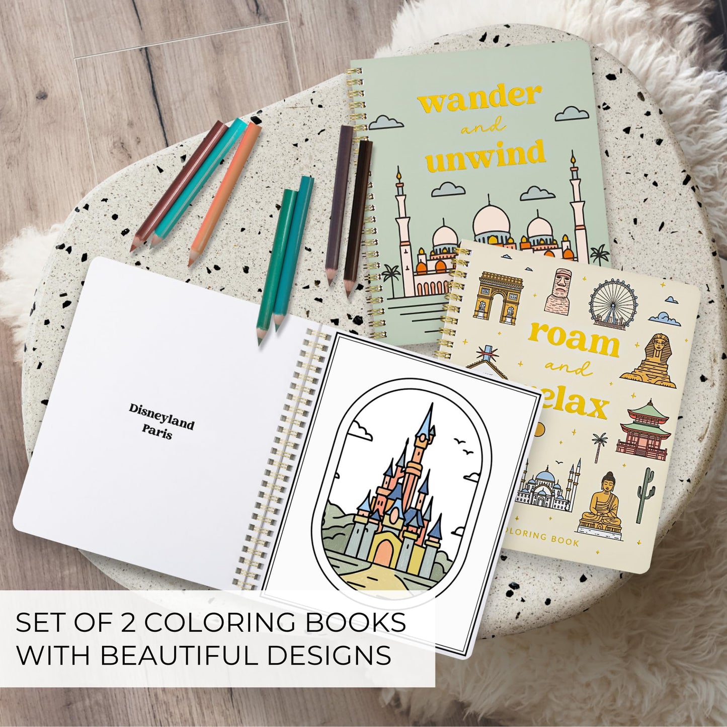 Beautiful Adult Coloring Book Set of 2 for Relaxation - Inspirational Adventures and Sightseeing Spots for The Spirit of Wanderlust - Perfect Stress-Relieving Gift for Women