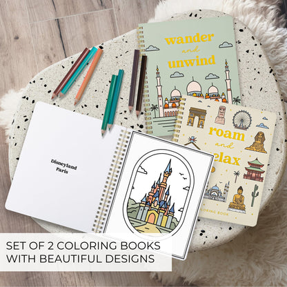 Beautiful Adult Coloring Book Set of 2 for Relaxation - Inspirational Adventures and Sightseeing Spots for The Spirit of Wanderlust - Perfect Stress-Relieving Gift for Women