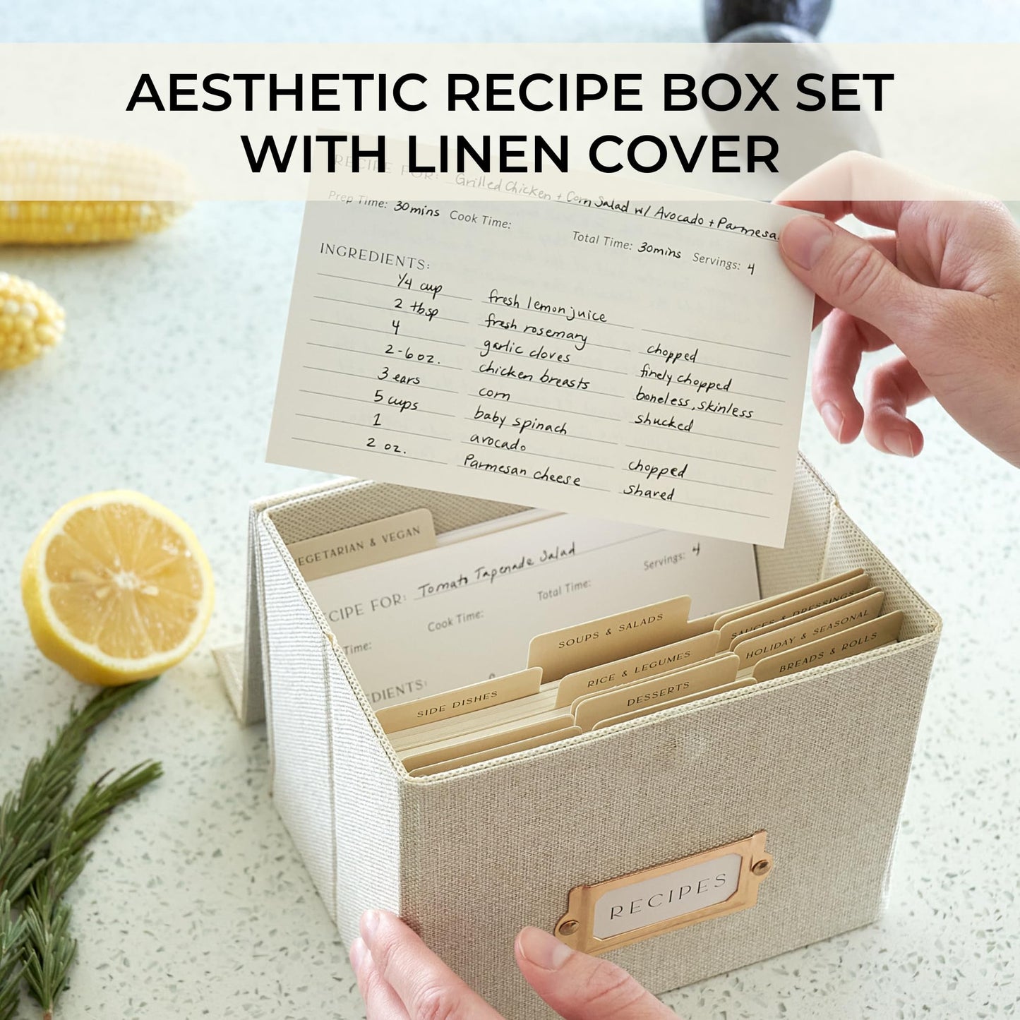 Beautiful Linen Recipe Box Set - Incl. 50x 4x6 inch Recipe Cards and Matching Dividers to Easily Organize Up to 250 Recipes - A Sturdy Card Holder And Great Gift that Perfectly Fits into Any Kitchen