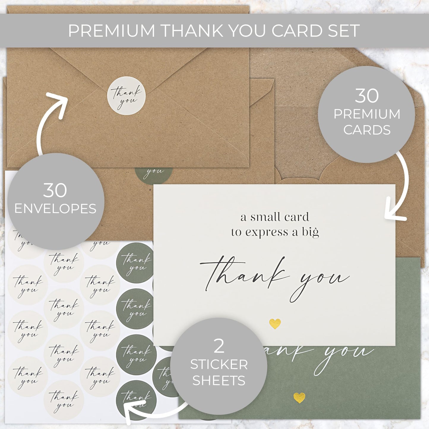 Beautiful Thank You Cards Set of 30 With Envelopes and Stickers - Modern Blank Cards For Personalized Notes - Perfect Bulk Stationary Set For All Occasions incl. Weddings, Business & Baby Showers
