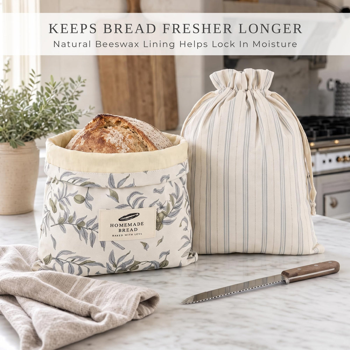 ZICOTO Charming Bread Bags for Homemade Bread - Set of 2 Beeswax-Lined Reusable Linen Bags That Keep Your Sourdough Fresh Naturally - A Thoughtful Bread Storage Gift for Bread Making Lovers