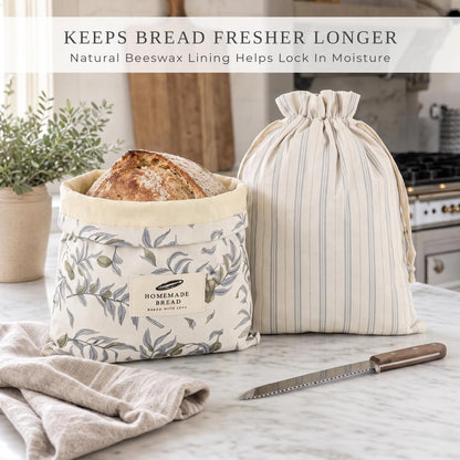ZICOTO Charming Bread Bags for Homemade Bread - Set of 2 Beeswax-Lined Reusable Linen Bags That Keep Your Sourdough Fresh Naturally - A Thoughtful Bread Storage Gift for Bread Making Lovers