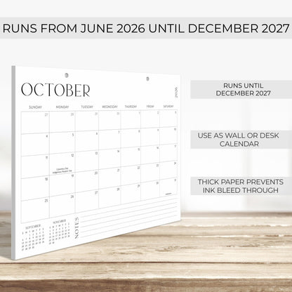 Aesthetic 2026-2027 Desk Calendar - Runs From June 2026 Until December 2027 - Large Minimalistic Office Desktop/Wall Calendar 16"x12" for Easy Organizing