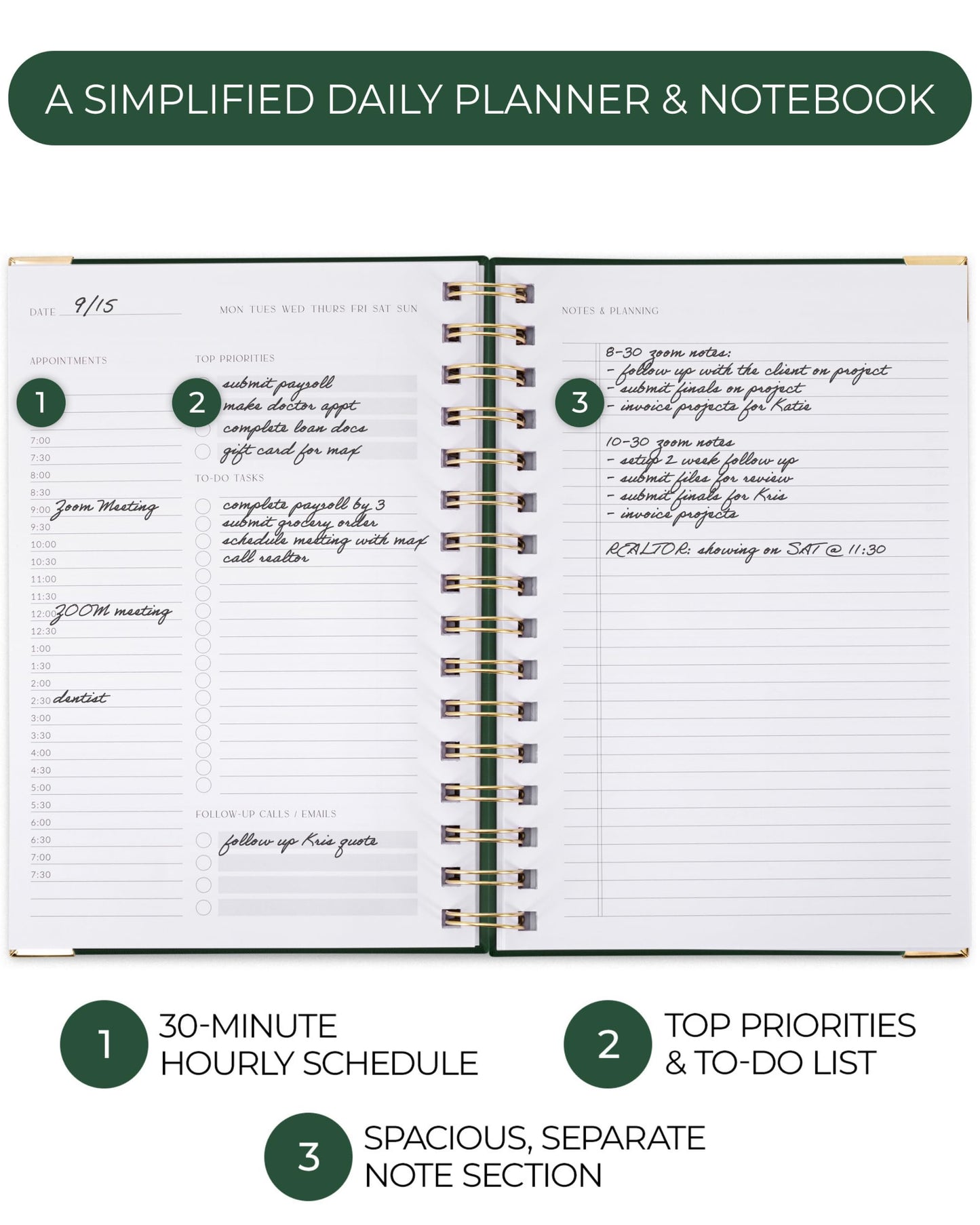 ZICOTO Aesthetic Daily Planner And Notebook With Hourly Schedule - Aesthetic Spiral To do List Notepad For Work/Home to Organize Tasks And Appointments - Stylish School/Office Supplies Book For Women