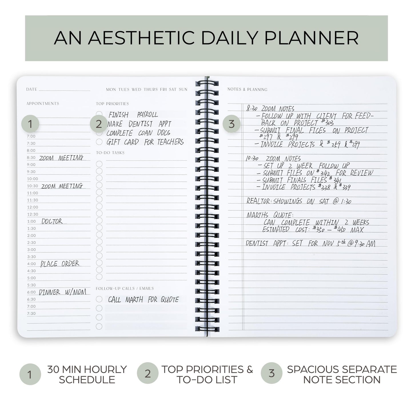 Beautiful Daily Planner And Notebook With Hourly Schedule - Aesthetic Spiral To do List Notepad to Easily Organize Your Work Tasks And Appointments - The Perfect Office Supplies For Women