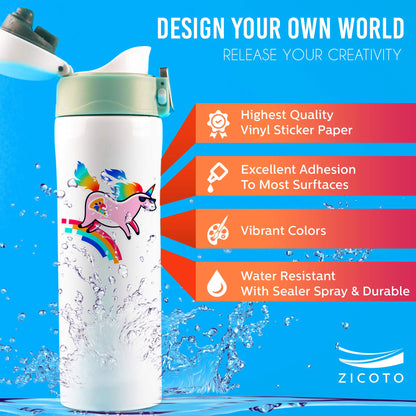 ZICOTO Premium Printable Vinyl Sticker Paper - Glossy White 8.5 x 11 inch Sheets for Your Inkjet Or Laser Printer - 15 Waterproof Decal Paper Sheets Dry Quickly and Hold Ink Beautifully