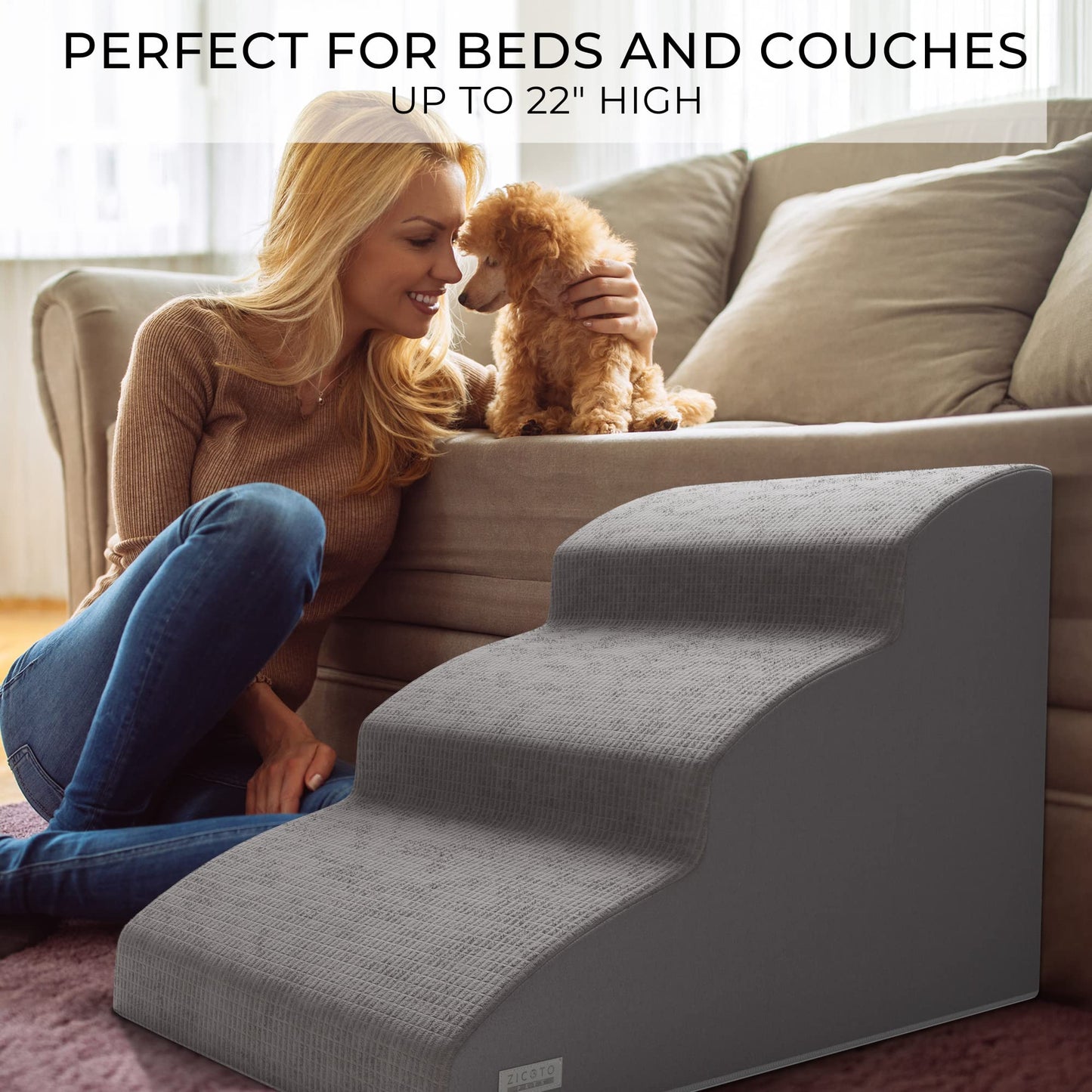 Sturdy Dog Stairs and Ramp for Beds Or Couches by ZICOTO - Durable Easy to Walk on Steps 15.7" high for Small Dogs and Cats Up to 55 lbs Weight - Allows Your Pets Easy Access to Your Sofa or Bedside