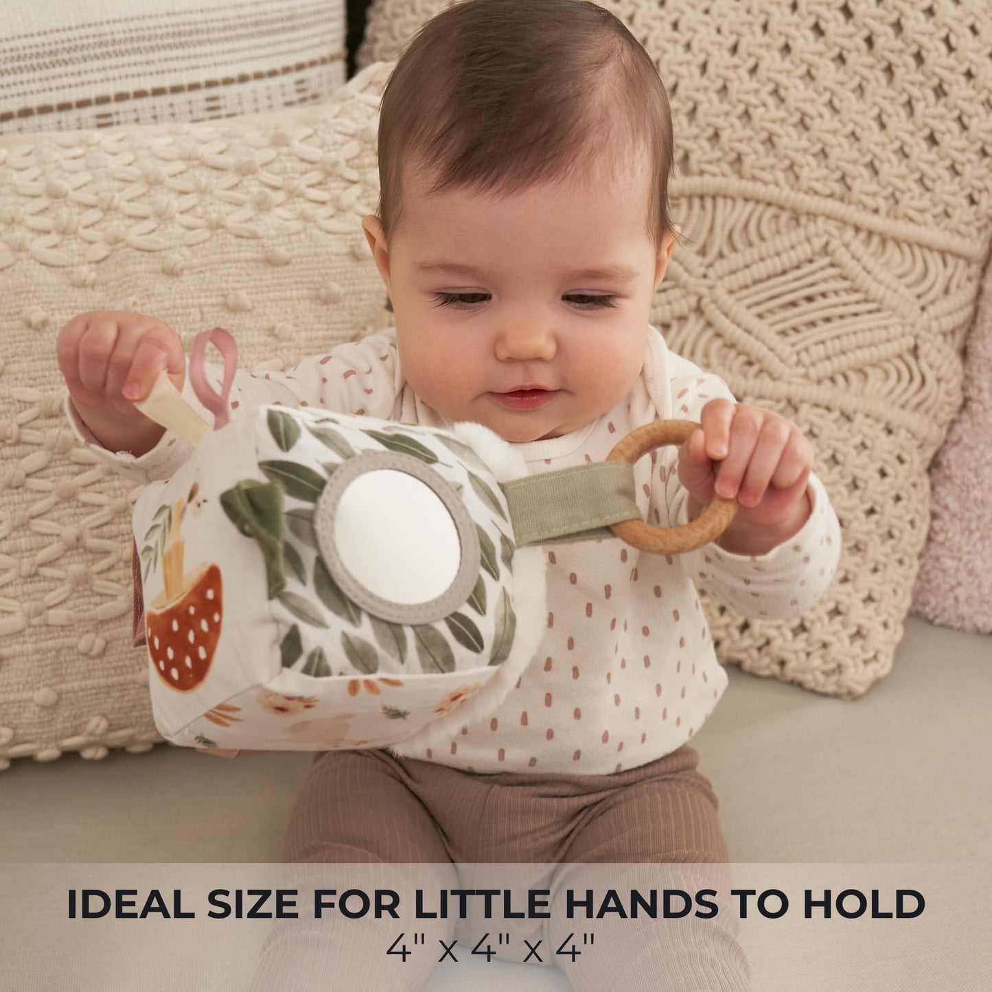 Soft Toy Block with Wooden Ring for Babies 0-3 and 0-6 Months - The Perfect High Contrast Activity Cube & Teething Toy with Tummy Time Mirror for Newborns - A Fun Sensory & Development Gift