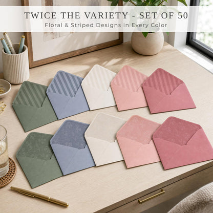 Elegant Set of 50 Invitation Envelopes 5x7 - Beautiful Self-Sealing A7 Premium Envelopes in 5 Colors Incl. Sage Green - The Perfect Set for Weddings, Bridal Shower, Engagement and Anniversary Cards