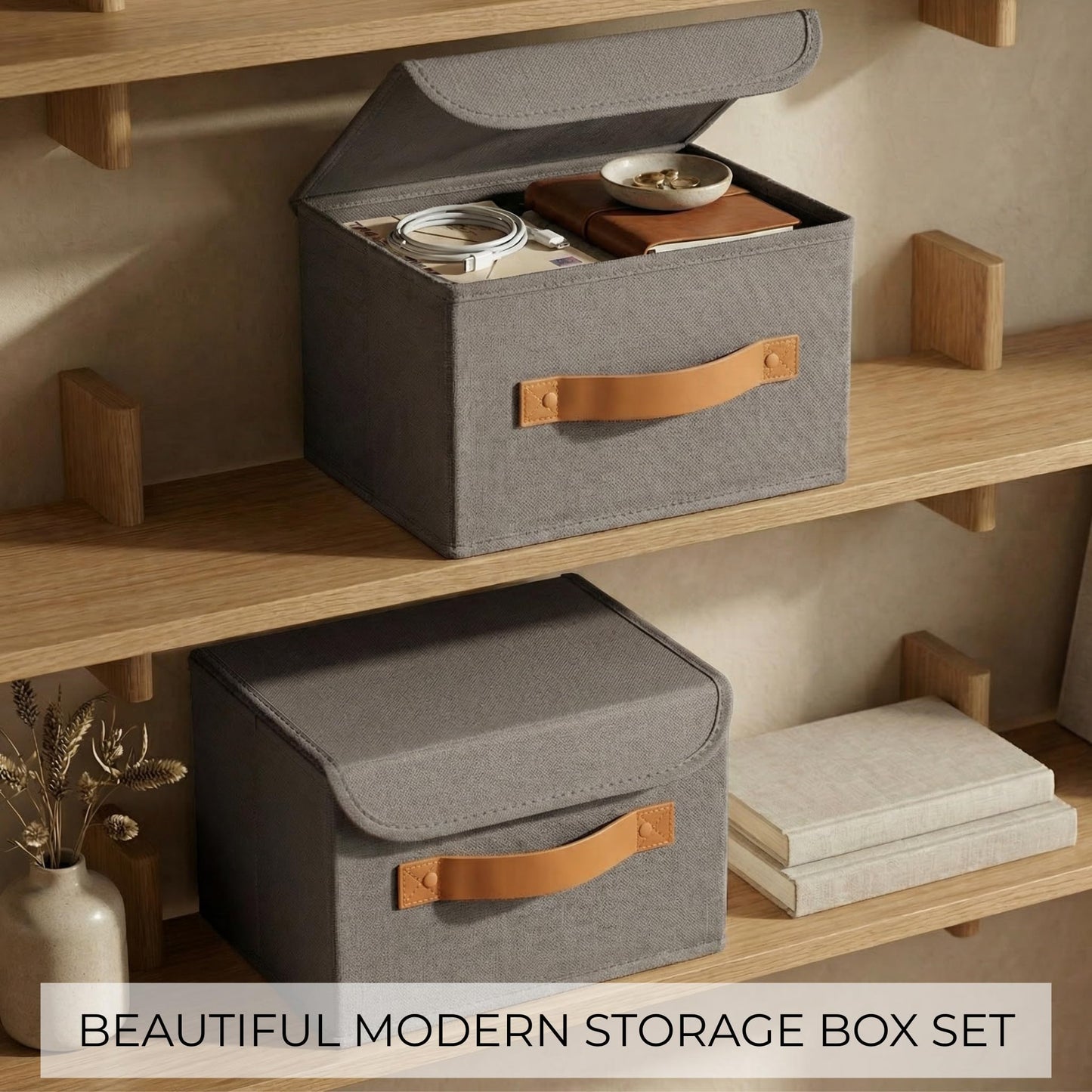 ZICOTO Beautiful Storage Bin with Lid – Foldable Cotton-Linen Fabric Box with PU Leather Handles, Decorative Closet Organizer Cube Reinforced with PP Board