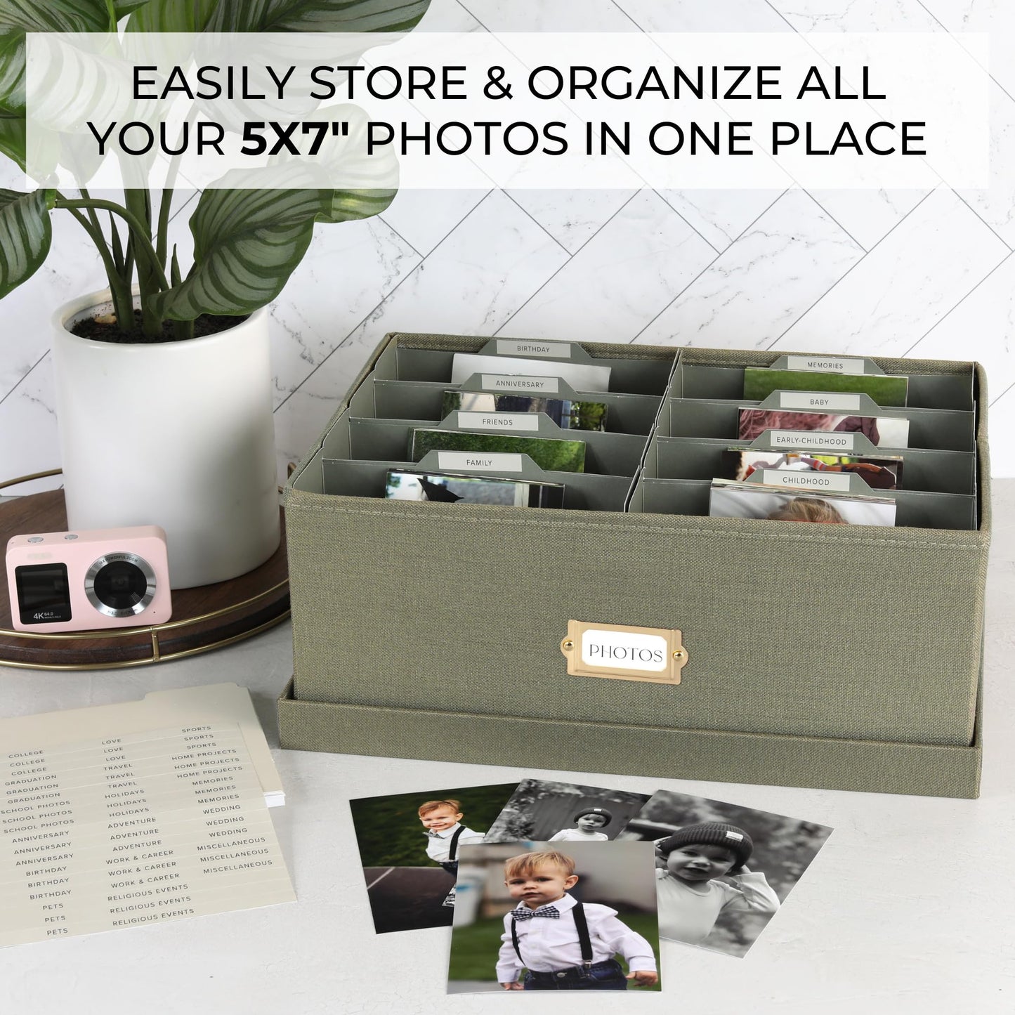 Decorative Photo Storage Box - Sturdy Linen Photo Organizer with Dividers - Stores Up to 850 4x6 Photos - Portable Scrapbook Storage Container with Lid