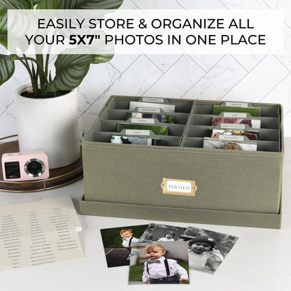 Decorative Photo Storage Box - Sturdy Linen Photo Organizer with Dividers - Stores Up to 850 4x6 Photos - Portable Scrapbook Storage Container with Lid