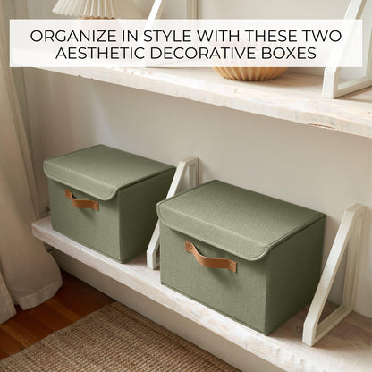 ZICOTO Beautiful Storage Bin with Lid – Foldable Cotton-Linen Fabric Box with PU Leather Handles, Decorative Closet Organizer Cube Reinforced with PP Board