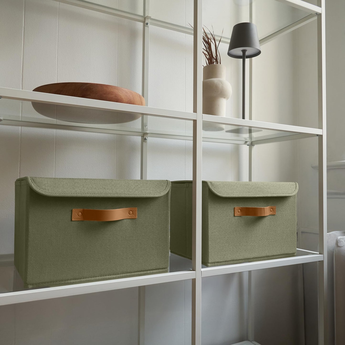 ZICOTO Beautiful Storage Bin with Lid – Foldable Cotton-Linen Fabric Box with PU Leather Handles, Decorative Closet Organizer Cube Reinforced with PP Board