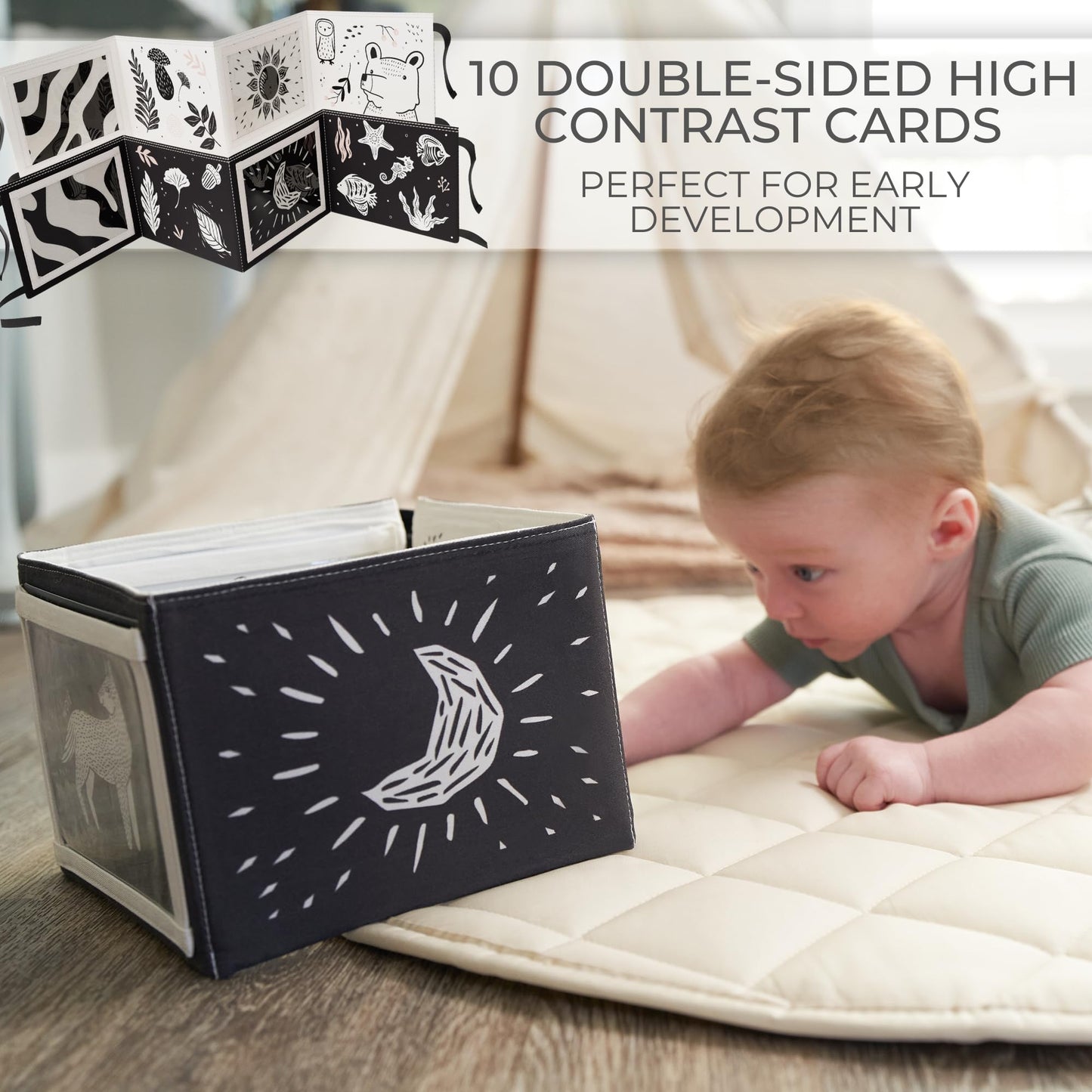 Soft Tummy Time Book w/ Stimulating Baby Safe Mirror - Fun Black and White Montessori Toy w/ Crinkle Filling & 20 High Contrast Designs - Perfect Newborn Toy For Safe and Early Infant Development