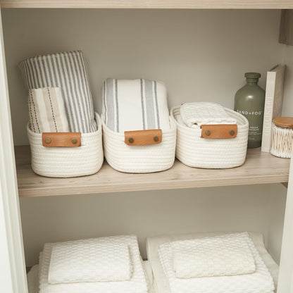 Beautiful Storage Basket Set of 3 - Sturdy Cotton Rope Baskets for Shelves Are Perfect for Organizing Your Home - Quality Storage Bins Easily Fit With Any Nursery or Bedroom Decor