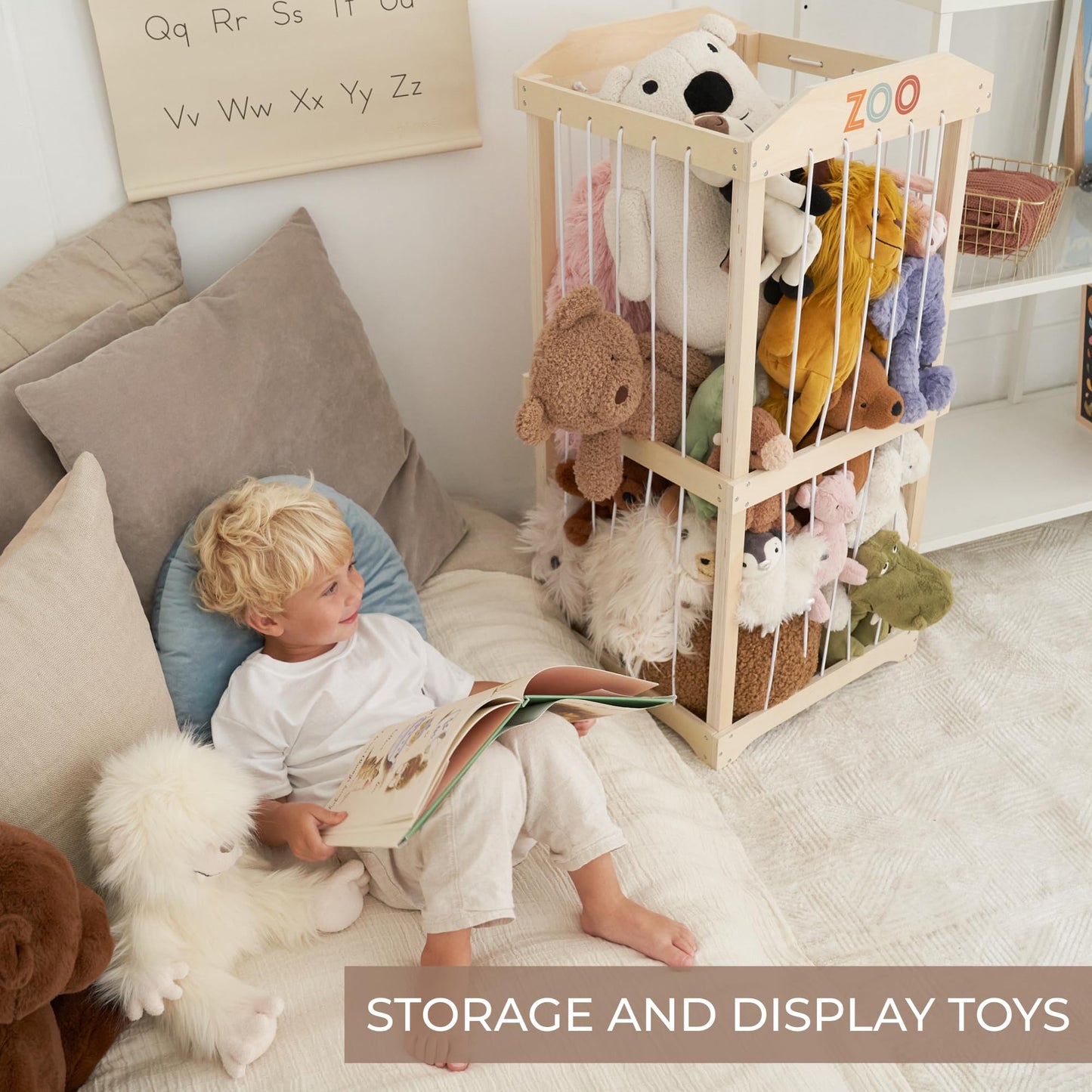 Wooden Stuffed Animal Storage for Kids - Large Toy Storage Organizer & Holder for Your Kids Playroom or Nursery - Easy to Assemble Stuffed Animal Zoo That Keeps Plush Friends Ready for Snuggles