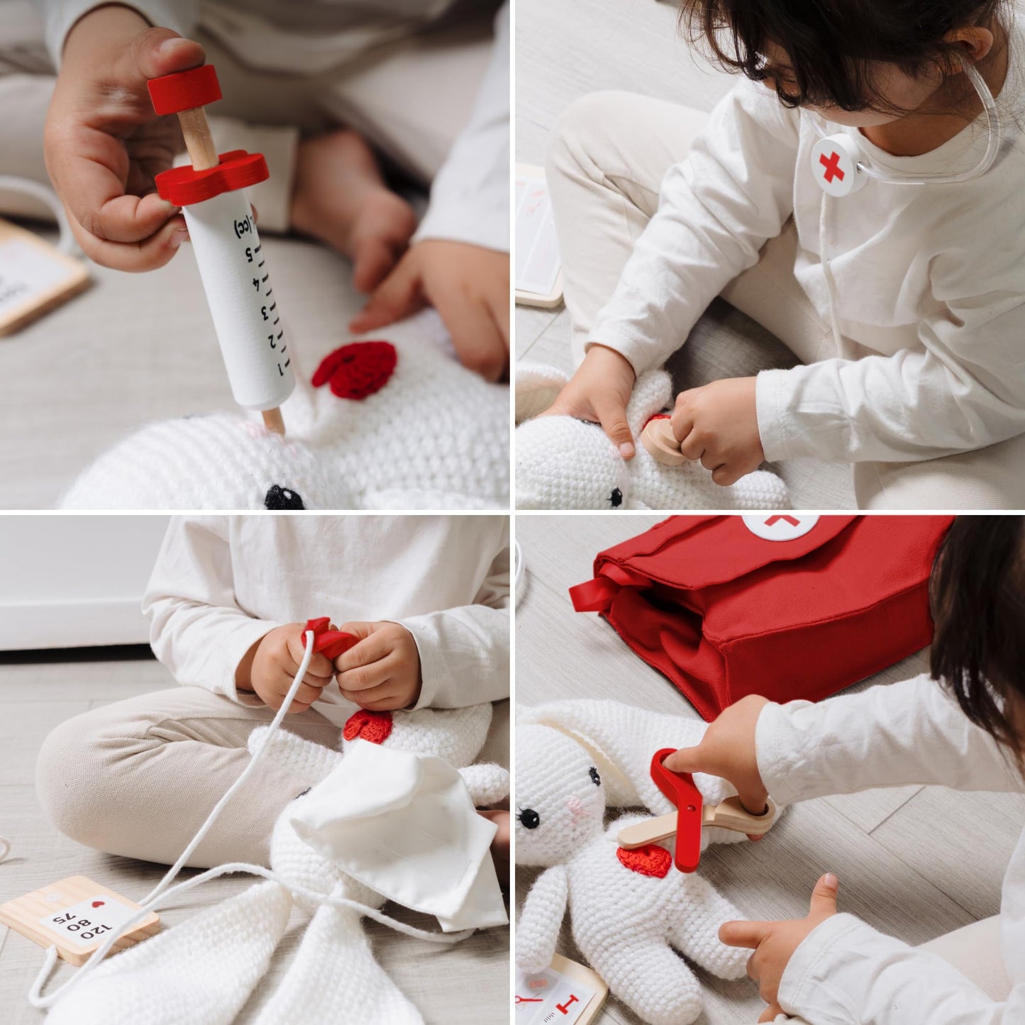 Wooden Doctor Play Set for Toddlers - A Complete Durable Pretend Play Medical Kit for Kids 3-5 with Realistic, Non-Toxic Tools & Carrying Case (Red)