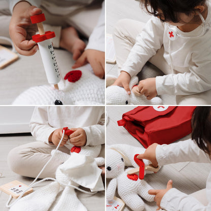 Wooden Doctor Play Set for Toddlers - A Complete Durable Pretend Play Medical Kit for Kids 3-5 with Realistic, Non-Toxic Tools & Carrying Case (Red)