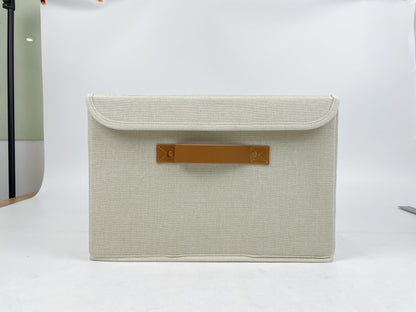 ZICOTO Beautiful Storage Bin with Lid - Foldable Cotton-Linen Fabric Box with PU Leather Handles, Decorative Closet Organizer Cube Reinforced with PP Board - Beige, Small