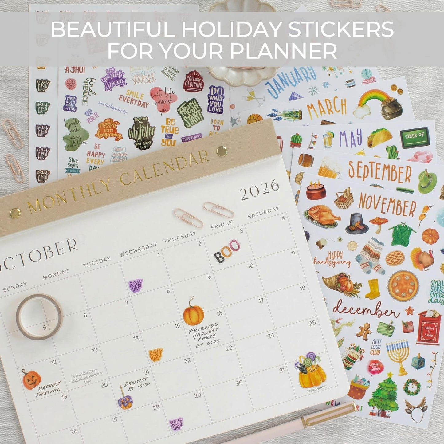 Aesthetic Monthly Planner Stickers - Beautiful Holiday Sticker Set to Enhance Your Planner, Journal or Calendar - Perfect Scrapbook Supplies & Accessories with All Year Holidays & Vintage Stickers