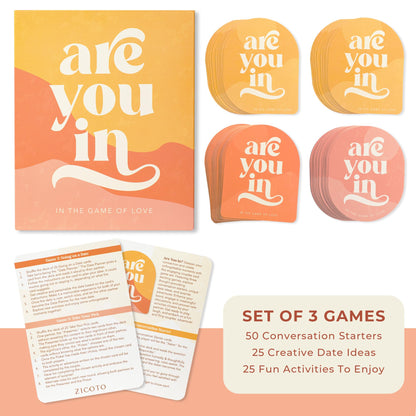 ZICOTO 100 Date Ideas and Couples Game Cards - Set of 3 Unique Games for Your Girlfriend, Boyfriend, Wife/Husband, Her/Him as a Gift for Christmas - 25x Date Night Cards, 50x Conversation Starters