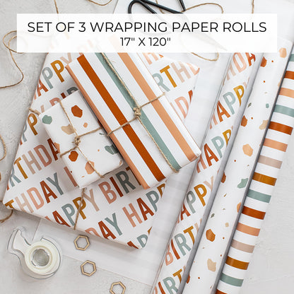 Beautiful Birthday Wrapping Paper - Set of 3 Quality Happy Birthday Paper Rolls For Medium Sized Gifts - Add a Touch of Magic to Every Gift You Wrap - 17 in x 120 in Per Roll For Boys and Girls