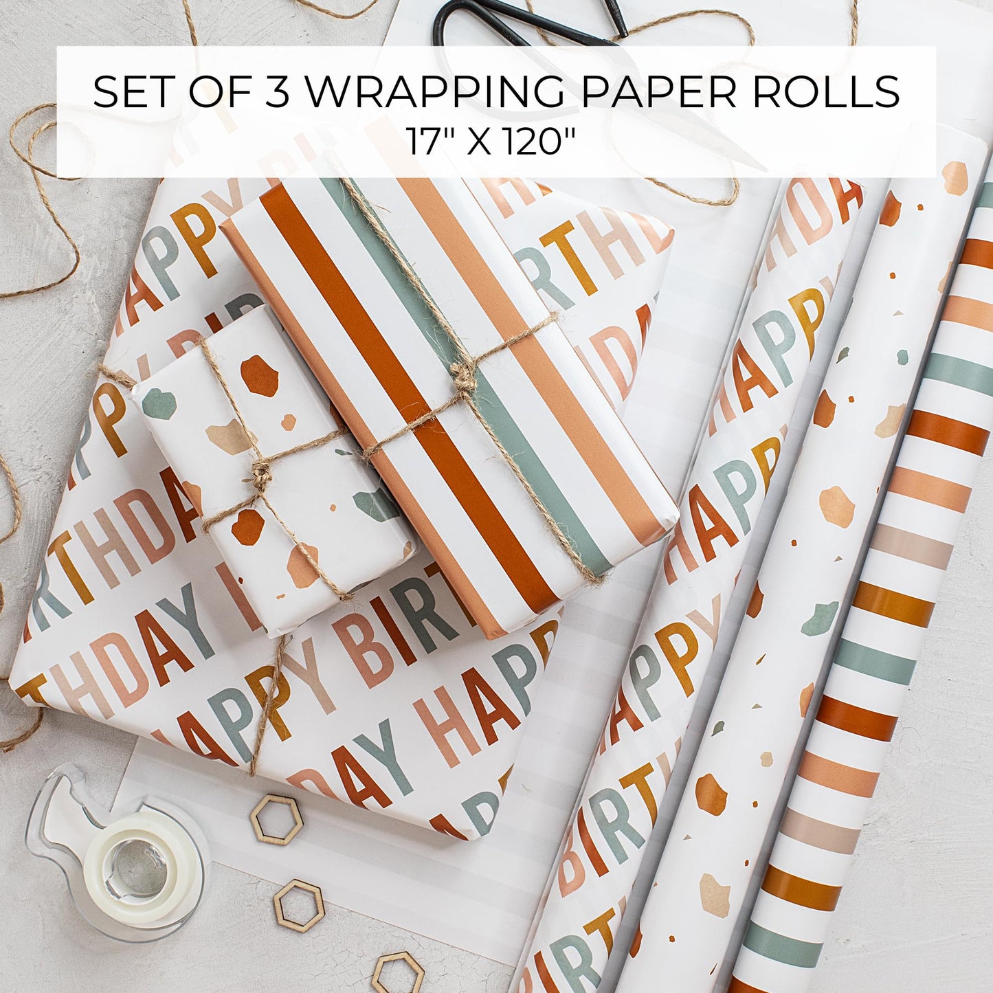 Beautiful Birthday Wrapping Paper - Set of 3 Quality Happy Birthday Paper Rolls For Medium Sized Gifts - Add a Touch of Magic to Every Gift You Wrap - 17 in x 120 in Per Roll For Boys and Girls