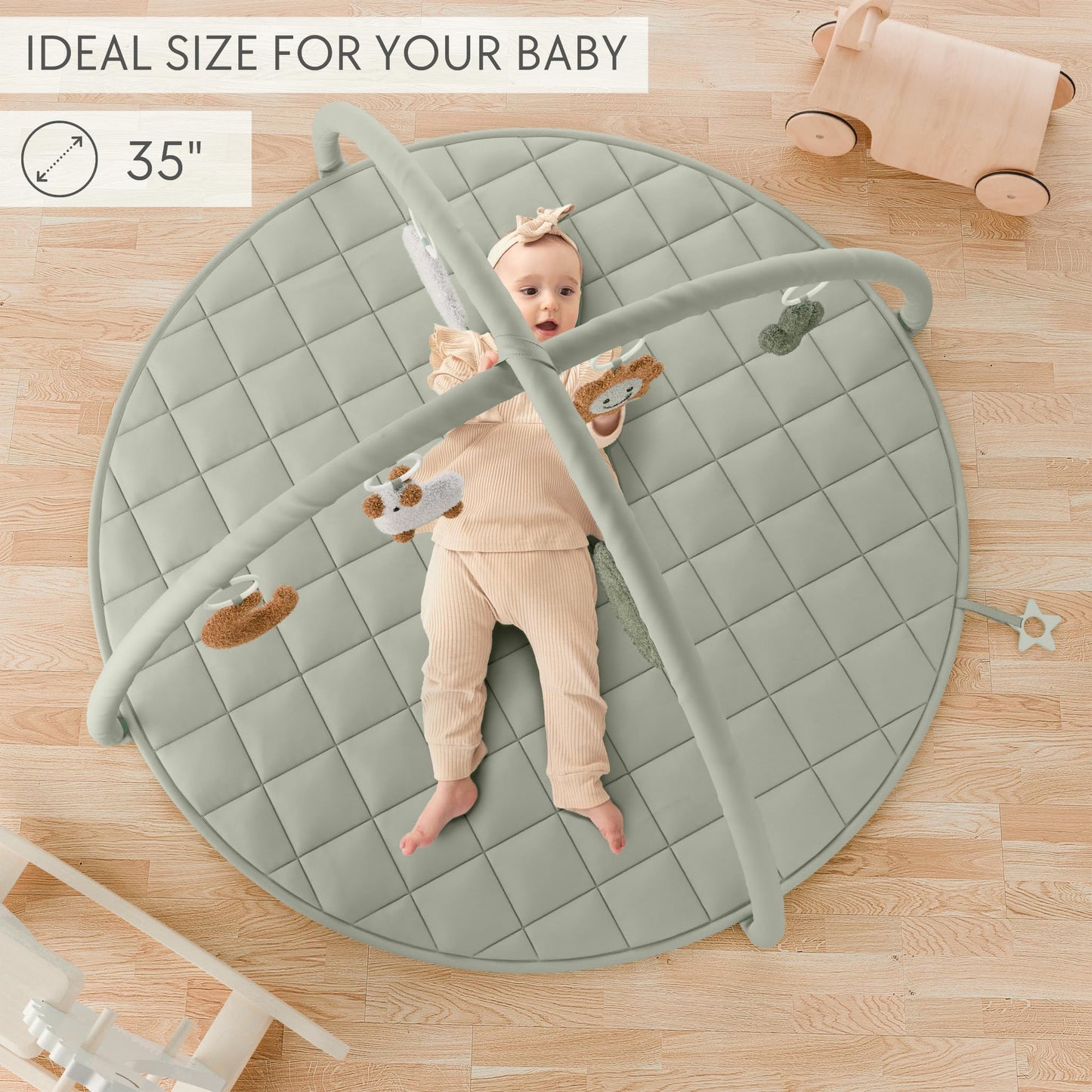 Beautiful Baby Play Gym and Tummy Time Mat - Soft Cotton Mat with 6 Cute Toys Creates The Perfect Activity Area for Your Girl/Boy - Stylish Infant Floor Playmat Fits Nicely with Any Playroom Decor