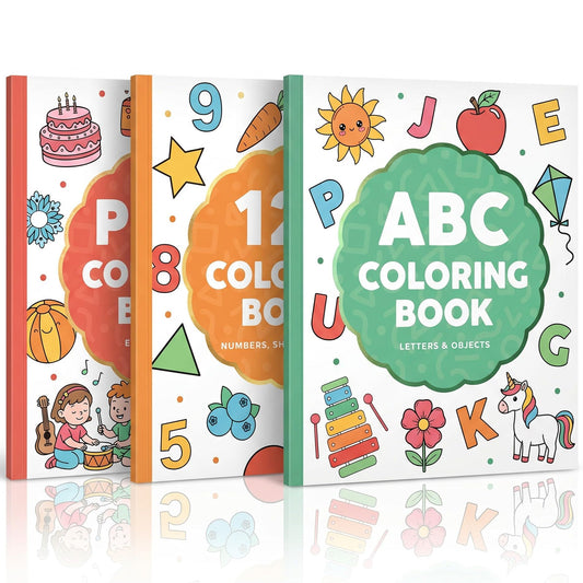 Fun Coloring Book for Kids - Set of 3 Cute Toddler Coloring Books with Big Simple Designs - Educational Activity Water Color Book with Themes for Alphabet, Numbers, Colors & Shapes for Boys and Girls